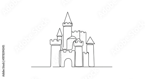 Minimalist single line drawing of a fairytale castle, simple outline, white background