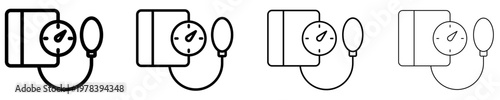 Set of linear icons of tonometer for measuring blood pressure, presented in four options of outline thickness. Medical equipment for diagnosing hypertension. Vector illustration.