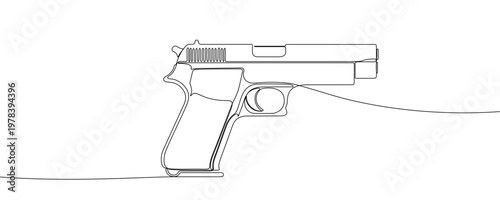 Illustration of a semi-automatic handgun or pistol, made in one continuous line. Minimalist firearm drawing with a black stroke on a white background, vector illustration.