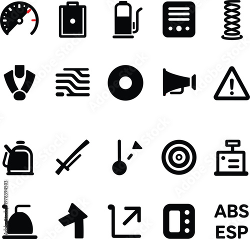 Professional Black Car Dashboard Symbol Set Featuring Speedometer Engine Oil ABS and Mechanical Warning Indicators Isolated on White Background for Vehicle Diagnostics