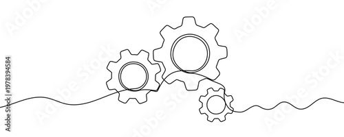 Illustration of three interlocking mechanical gears of different sizes, made in one continuous line. Minimalist cogwheels drawing with a black stroke on a white background, vector illustration.