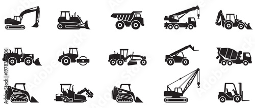 Set of construction machines. Construction transport icons. Collection of black construction vehicle icons including excavators bulldozers cranes and dump trucks isolated on white background. Vector I