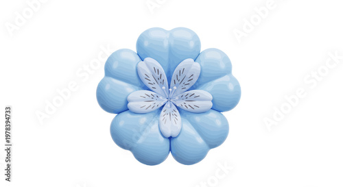 A delicate blue flower illustration with subtle grey accents on its petals, presented in a minimalist 3D render