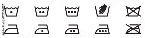Laundry care symbols and washing instruction icons set for textile labels and garment care. Vector Illustration. EPS 10