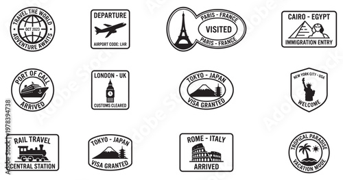 Travel passport stamps and immigration icons set with world famous landmarks and destinations. Vector Illustration. EPS 10