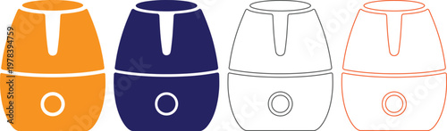 Four different colored portable air humidifier icons in various colors isolated on transparent background  orange blue gray and red