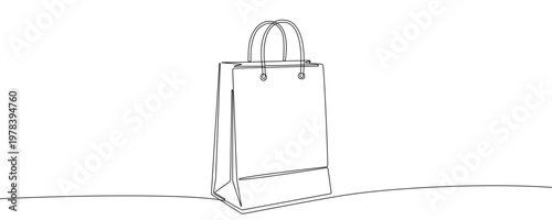 Illustration of a paper shopping bag with handles, made in one continuous line. Minimalist retail or commerce icon drawing with a black stroke on a white background, vector illustration.