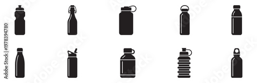 Plastic bottle black icon. Water bottle flat style set. Pet bottle plastic. Diverse collection of black water bottle icons including sports, glass, and reusable types on white background. EPS 10