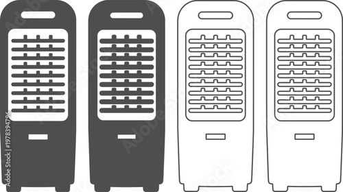 Four gray and white air conditioner units with various line styles and shading techniques for different design applications  illustrating various concepts