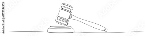 Illustration of a judge's gavel and sound block, made in one continuous line. Minimalist legal system and justice symbol drawing with a black stroke, vector illustration.