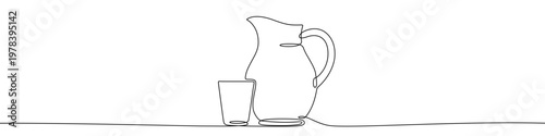 Illustration of a water jug and a glass, made in one continuous line. Minimalist beverage pitcher and drinking glass drawing with a black stroke on a white background,