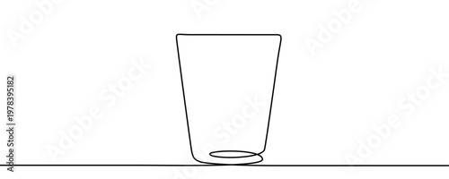 Illustration of a simple drinking glass, made in one continuous line. Minimalist beverage container and kitchenware drawing with a black stroke on a white background,