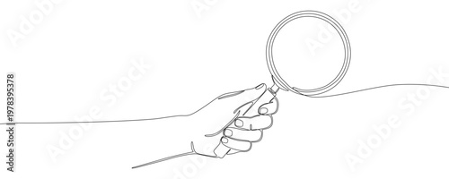 Illustration of a hand holding a magnifying glass, made in one continuous line. Minimalistic drawing of a tool for search and discovery in the style of one line art. Vector illustration.