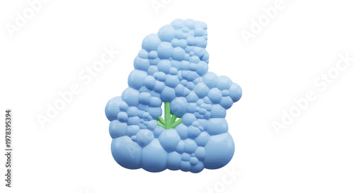 Abstract illustration of a blue flower shape made of bubbles with a green arrow pointing down