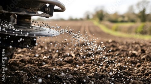 Fertilizer spreader applying nutrients to agricultural field soil