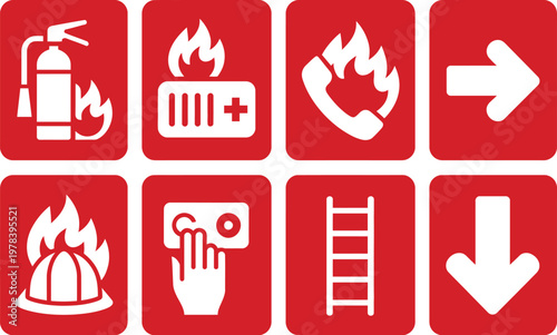 Fire protection signs, emergency pictogram set featuring safety symbols for firefighting evacuation alarm and hazard warning use in workplace and public safety signage design.