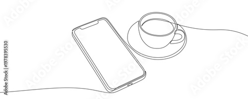 Illustration of a smartphone and a cup of coffee, made in one continuous line. Minimalistic drawing of a gadget and a drink in the style of one line art. Vector illustration.