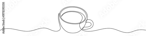 Illustration of a coffee or tea cup, made in one continuous line. Minimalistic drawing of a hot drink and tableware in the style of one line art. Vector illustration.