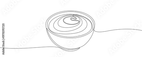 Illustration of a bowl of sauce, made in one continuous line. Minimalistic drawing of a sauce boat with creamy texture in the style of one line art. Vector illustration.