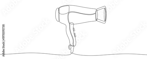 Illustration of a hair dryer, made in one continuous line. Minimalistic drawing of a household appliance for care in the style of one line art. Vector illustration.