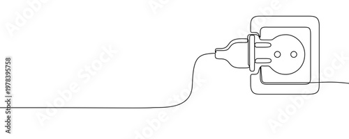 Illustration of an electric plug and socket, made in one continuous line. Minimalistic drawing of power connection in the style of one line art. Vector illustration.
