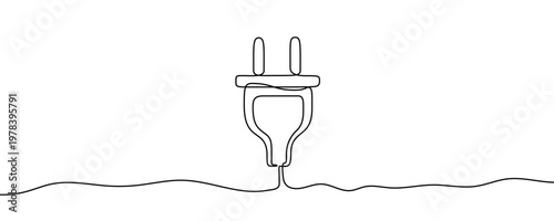 Illustration of an electric plug, made in one continuous line. Minimalistic drawing of a power plug in the style of one line art. Vector illustration.