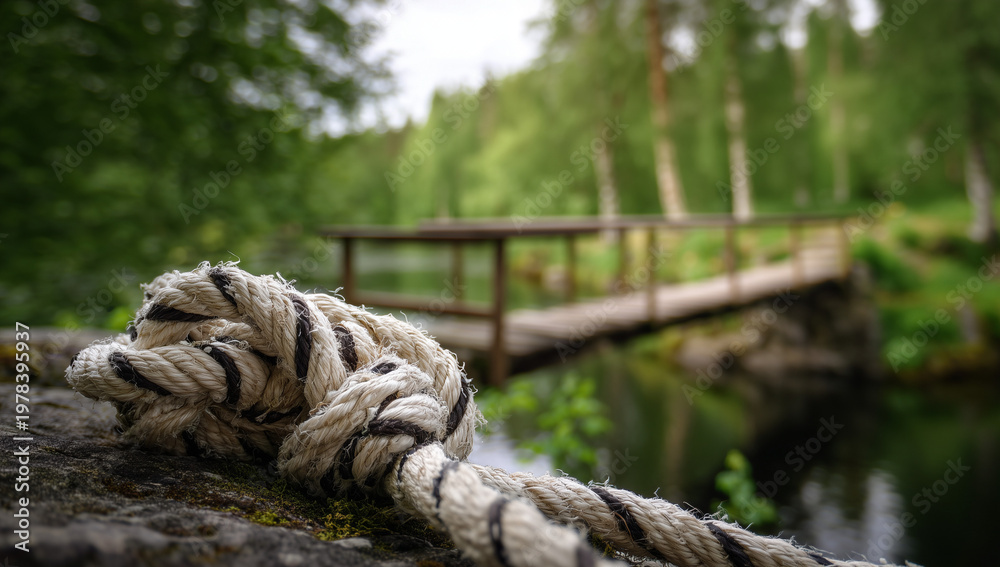 Fototapeta premium close-up of an old rope on a rock with a bridge in the background, and a forest lake in the background.