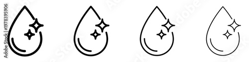 Set of linear water drop icons with sparkling stars in a minimalist style. Symbol of pure water, freshness, and hygiene with different stroke weights. Vector illustration.