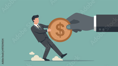 Financial struggle: Businessman resists giant hand taking dollar coin