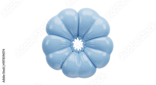 Soft and puffy light blue abstract flower, rendered in 3D with gentle curves and a smooth, plush texture, creating a tranquil and modern floral design element on white