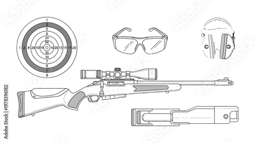  Precision at a Standstill: A detailed diagram showcases the tools of the trade for precise marksmanship, the components of a firearm, and the safety measures involved.