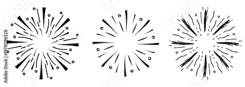 Hand drawn sunburst sketch set. Sun rays explosion or fireworks radial elements of shine hipster arts. Vector design elements
