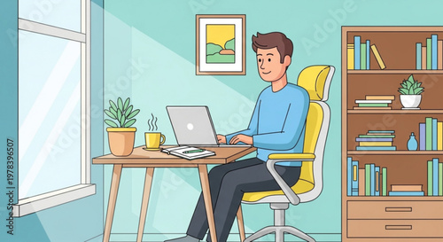 Man working on laptop at wooden desk in home office with bookshelf and plants