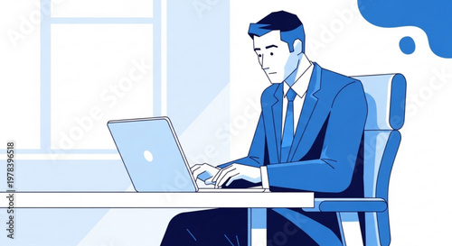 Businessman working on laptop in office setting with blue tones and modern decor