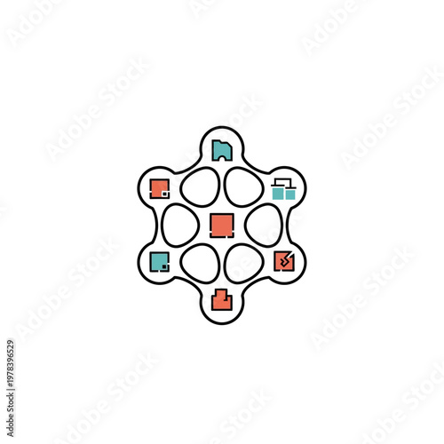 Abstract Geometric Shape with Internal Compartments and Icons.