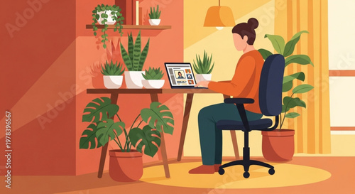 Woman working remotely on laptop surrounded by plants in modern home office with warm lighting and cozy atmosphere