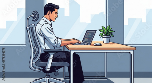 Businessman working on laptop at modern office desk with city view and plant