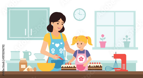 Woman and little girl decorating chocolate cakes in modern kitchen interior with utensils and mixer showing culinary bonding and domestic lifestyle vector