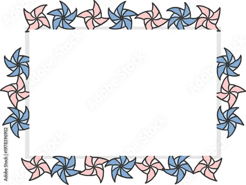 Horizontal decorative frame with small origami pinwheel elements.