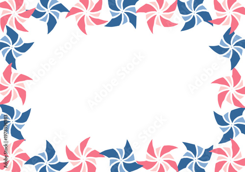 Horizontal decorative frame with repeating pinwheel origami elements.