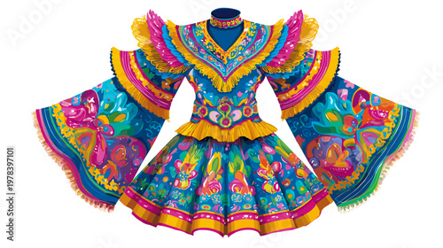 Traditional Colombian Carnival Costume with Bright Patterns — Vector Illustration of Barranquilla Fest