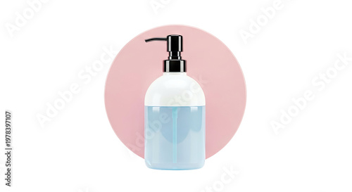 Blue liquid soap dispenser with a pink circle background