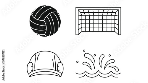 Aquatic Sport icon: A collection of outline drawing represents sport equipment for sport related to water