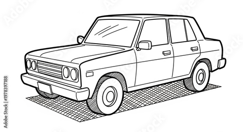 Classic Sedan Car Line Drawing Illustration.