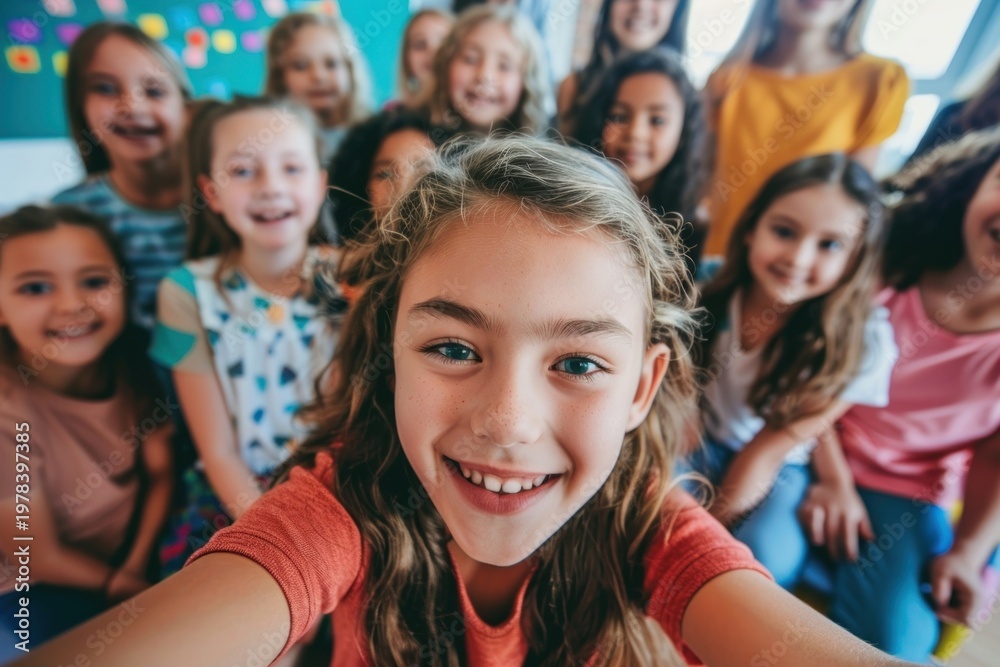 Fototapeta premium Elementary school selfie happy person.