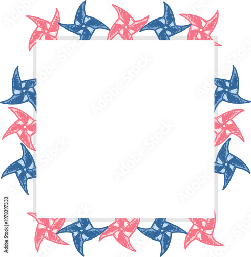 Square frame with stylized origami pinwheel shapes forming bold border.