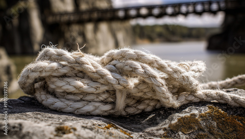 close-up of an old rope on a rock with a bridge in the background, and a forest lake in the background.