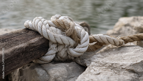 close-up of an old rope on a rock with a bridge in the background, and a forest lake in the background.
