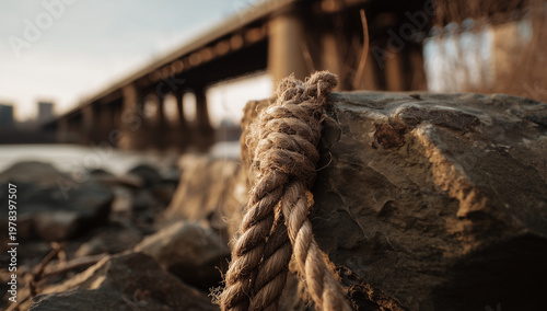 close-up of an old rope on a rock with a bridge in the background, and a forest lake in the background.