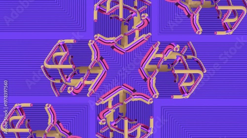 Vibrant kaleidoscopic 3D animation. Golden-pink nodes dynamically change shape on a purple background with a geometric pattern. Seamless loop for bold design projects and VJ sets